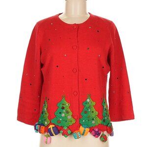 Michael Simon 3D Presents Under a Christmas Tree Red Cardigan Sweater Medium